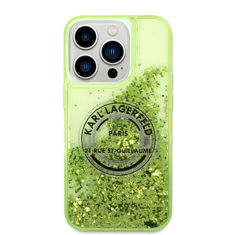 Karl Lagerfeld Liquid Glitter Case Silicone Round RSG Logo Ultra-Thin iPhone 14 Pro Max Compatibility - Yellow