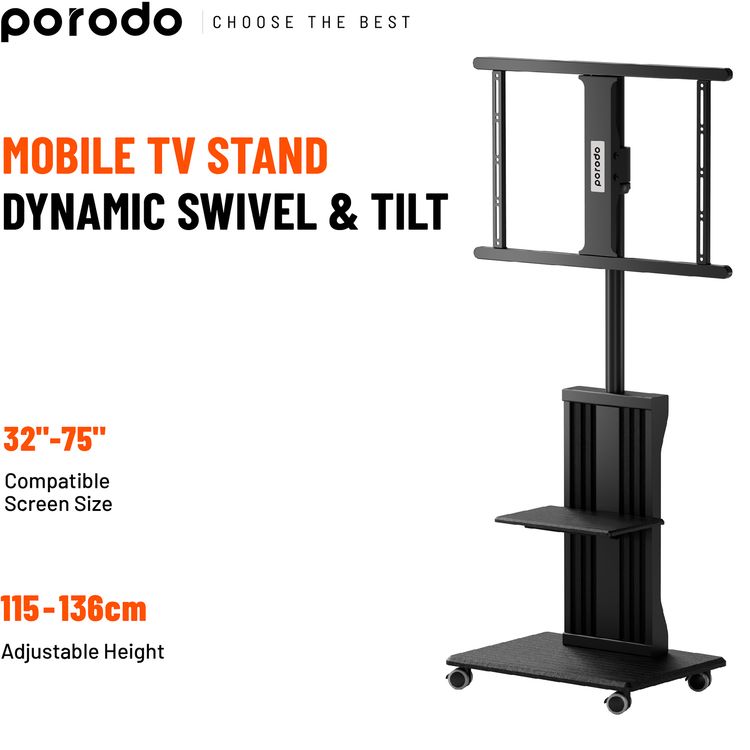 Porodo Mobile TV Stand with 35kg Maximum Weight Capacity, 32"-75" Screen Size Compatibility, Dynamic Swivel & Tilt, Up to 1.36m Height Adjustability - Black