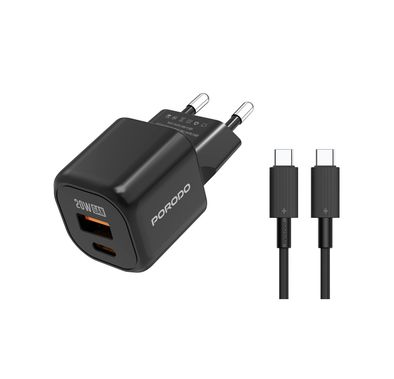 Porodo Dual-Port Wall Charger with Type-C to Type-C Cable Included, 20W Power Delivery, EU Plug, QC 18W, Simultaneous Charging, Overheat Protection, USB-C & USB-A Outputs - Black