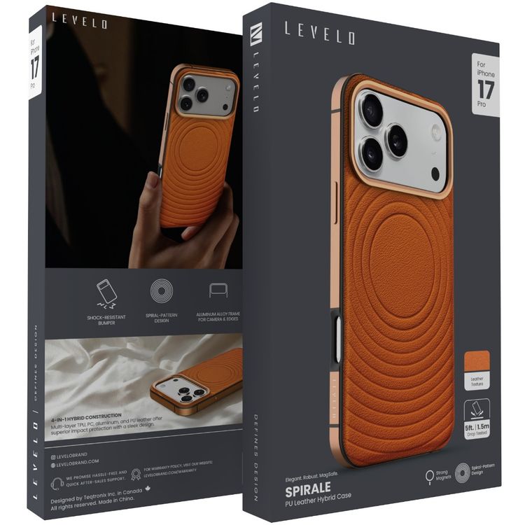 Levelo Spirale PU Leather Hybrid Case for iPhone 17 Pro, MagSafe Compatible & Strong Magnets, Impact-Resistant, Shock-Resistant Bumper, Aluminum Alloy Frame for Camera & Edges, Drop-Tested - Sunrise Orange