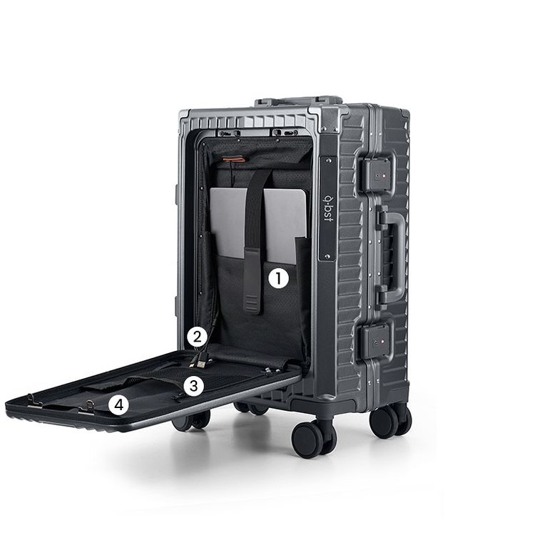 Levelo RoamRollers 20" Travel Luggage with Aluminum Body Material, USB-A & USB-C Output Ports, Metal Corner Protection, Front Pocket Compatible with Up to 15.6" Laptop, Phone and Cup Holder, Silent Spinner Wheels - Titanium Gray