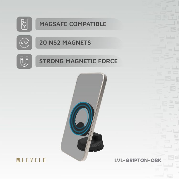 حامل هاتف سيارة Levelo Gripton MagSafe بقوة مغناطيسية قوية، قاعدة دوارة 360 درجة، صغير الحجم وسهل الحمل، متوافق مع MagSafe، تصميم قابل للطي - أسود
