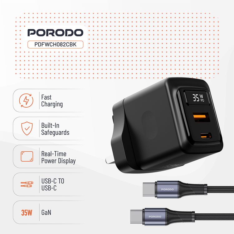 Porodo GaN Wall Charger with USB-C to USB-C Cable, USB-A & USB-C Ports, 35W Power Delivery, Built-in Safeguards, Fast Charge Support, Multiple Device Charging, Digital Display - Black