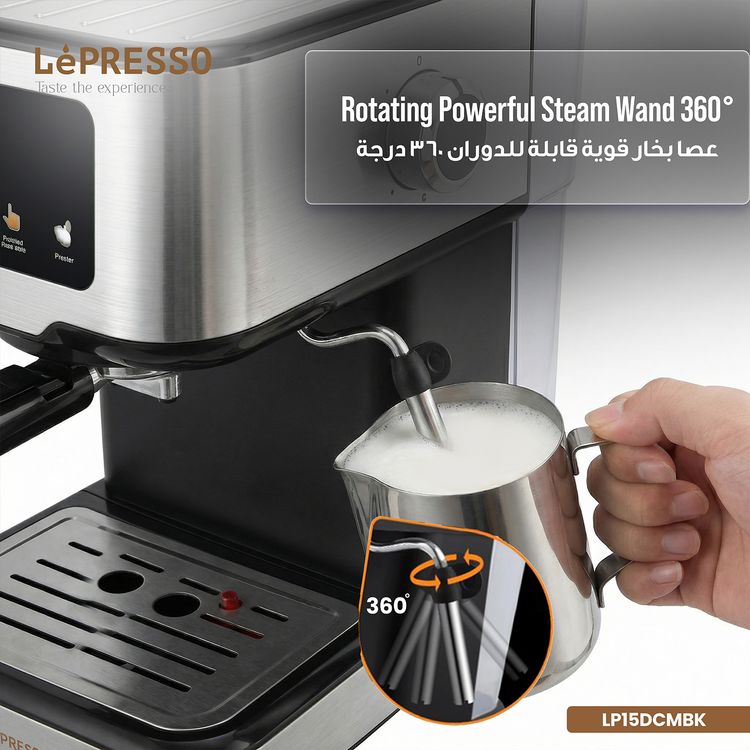 LePresso Digital Coffee Machine with 20 Bar Pressure Pump, High Pressure Frothing, Pre-Brew System, 1100W Rated Power, 1.5L Tank Capacity  - Black