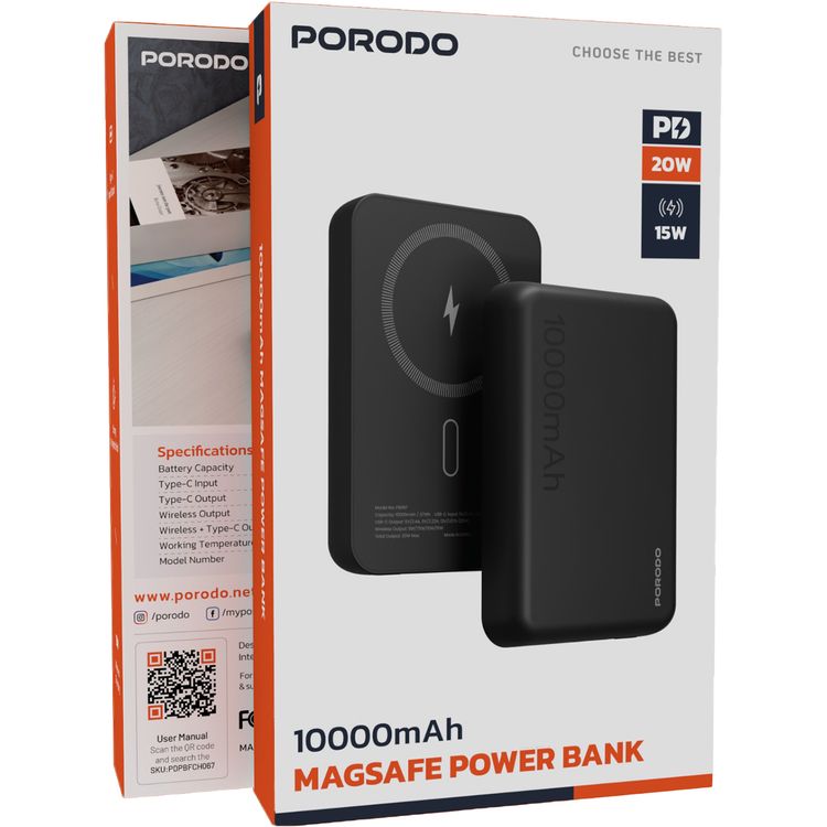 Porodo 10000mAh MagSafe Power Bank with Fast Charge, Portable & Compact Design, Type-C Input, Type-C & Wireless Outputs, 10° C-45° C Working Temperature, Strong Magnetic Hold, 20W Power Delivery - Black