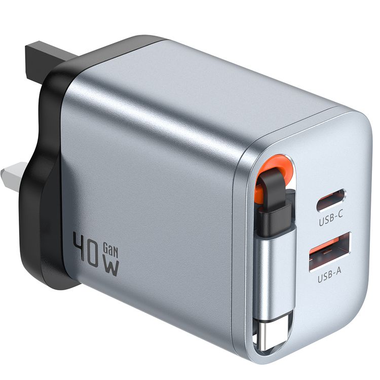 Green Lion GaNPremium UK Plug Wall Charger with 40W Power Delivery, Retractable Type-C Cable, 0%-50% Charge in 30 Minutes, PC Flame Retardant Material, USB-C & USB-A Ports - Gray