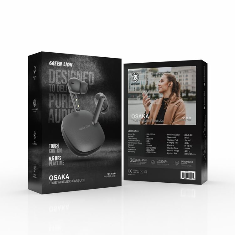 Green Lion Osaka True Wireless Earbuds with Hybrid ANC, Voice Assistant Mode, Touch Control, Dual Mic ENC, 10 Meters Transmission Range - Gray