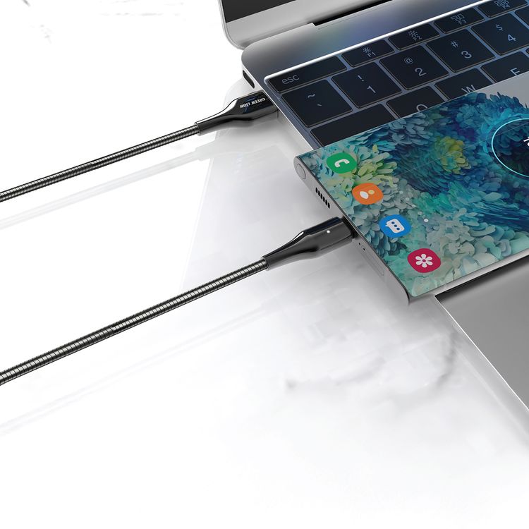Green Lion Metal Spring Hose Cable USB-A to USB-C with 18W Power Delivery, 1m Cable Lenght, Metal Hose + Zinc Material - Silver