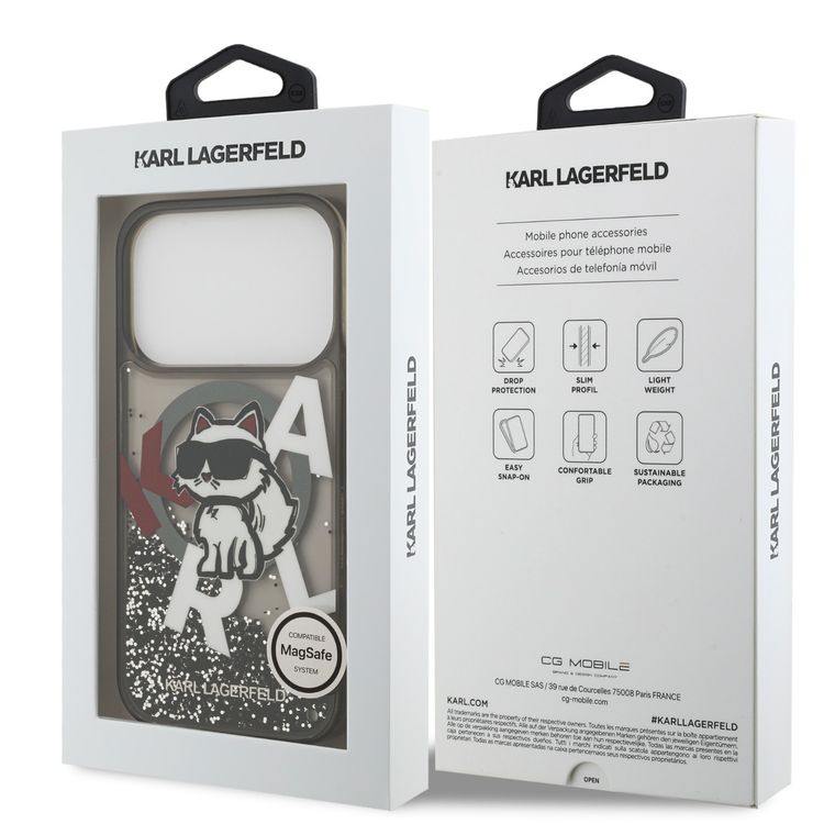 Karl Lagerfeld MagSafe Liquid Glitter Case with Scattered Choupette Logo for iPhone 17 Pro, Slim Profile, Drop Protection, Easy Snap-On, Sustainable Packaging, Comfortable Grip, Lightweight Design - Black
