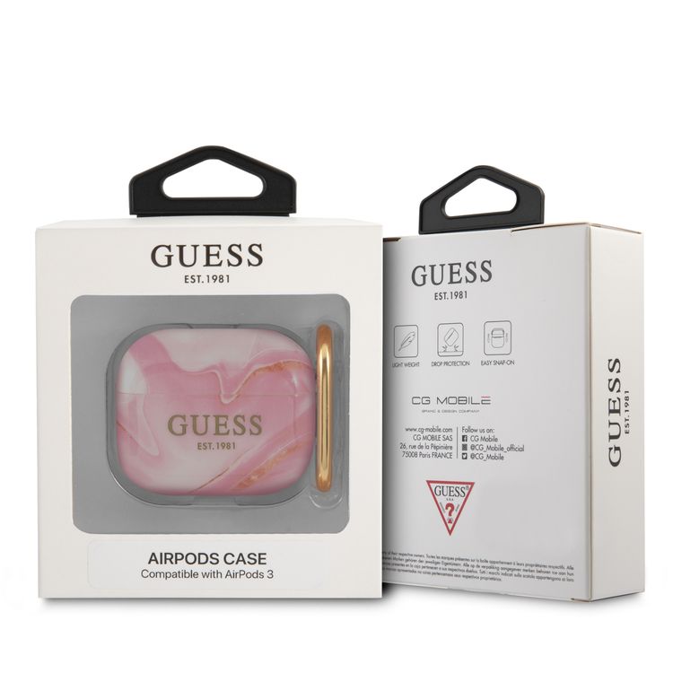Guess Marble Case for Airpods 3 with Exact Cutouts, Raised Edges to Extra Protection, Glossy Finish, Elegant Marble Pattern, High-quality TPU Material, Drop Protection and Scratch-resistant, Easy Installation, Lightweight - Pink
