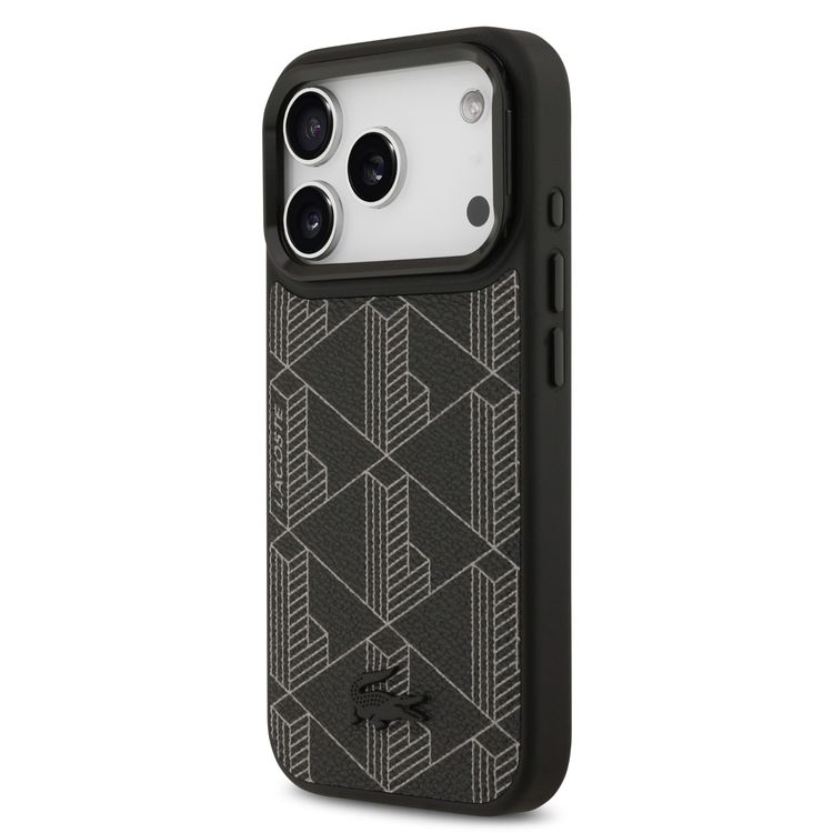 حافظة Lacoste MagSafe بغطاء من الجلد الصناعي مع شعار Monogramme وحامل كاميرا لهاتف iPhone 17 Pro، بتصميم نحيف، تغليف مستدام، حماية من السقوط، تصميم سهل التركيب - باللون الأسود