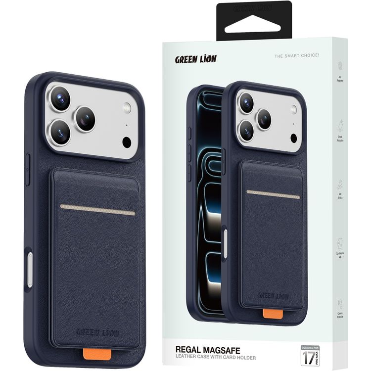 جراب جلد ماج سيف من جرين ليون ريجال مع حامل بطاقات لجهاز آيفون 17 برو ماكس، مقاوم لبصمات الأصابع، مع حامل قابل للطي، حماية للكاميرا، مقبض مريح، مقاوم للخدوش، امتصاص الصدمات - أزرق