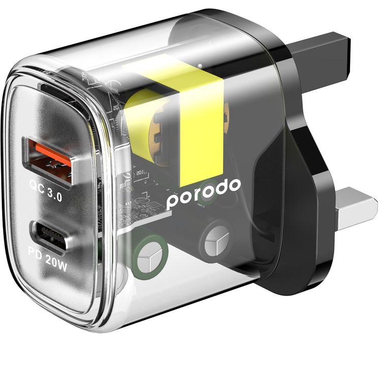 Porodo مخرج مزدوج شفاف شاحن سريع USB-C PD وUSB-A QC مع كابل USB-C إلى USB-C 1.2 متر المملكة المتحدة