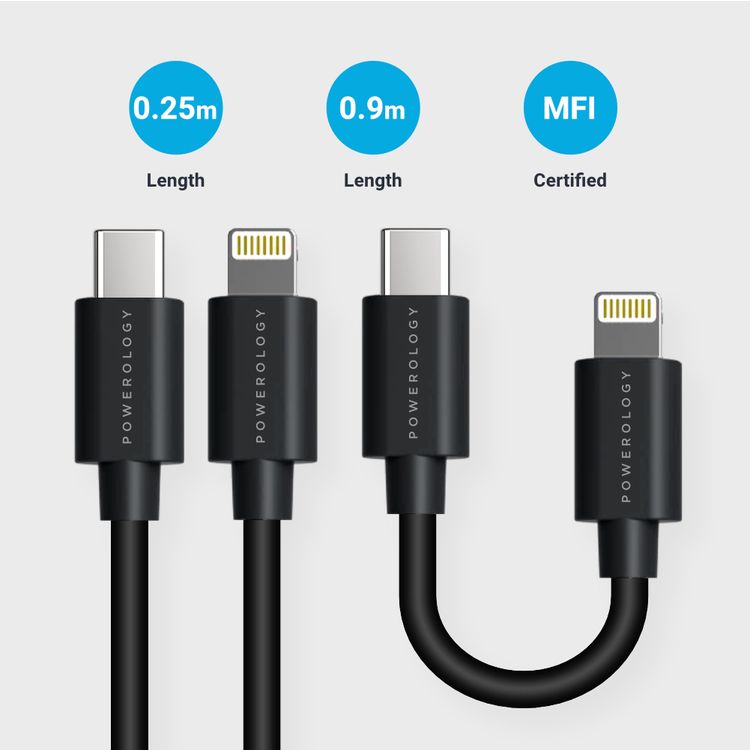 Powerology USB-C to Lightning Cable Combo (0.25m + 0.9m ) Fast Charging & Data Sync, 90CM - Black 