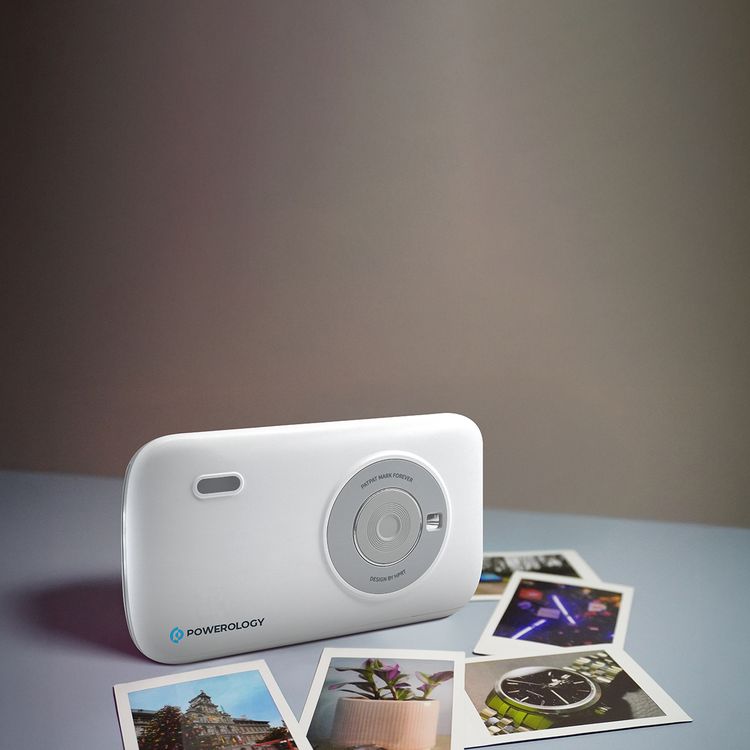 Powerology Vivant Mini Thermal Printer with 300 DPI Resolution, 40 Seconds per Sheet Printing Speed, 5.5cm Paper Width, Bluetooth Version 5.0, 800mAh Battery Capacity, 3 Hours Charging Time, Type-C Charging Port, Includes 10 Thermal Films, Auto Laminating Protection - White