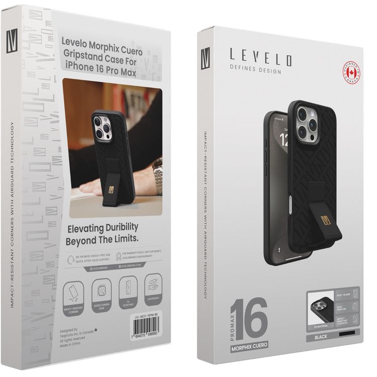 كفر حماية ليفيلو مورفيكس كويرو بمسند لهاتف آيفون 16 برو ماكس، قبضة مدمجة، سهل التركيب، زوايا مقاومة للصدمات - أسود