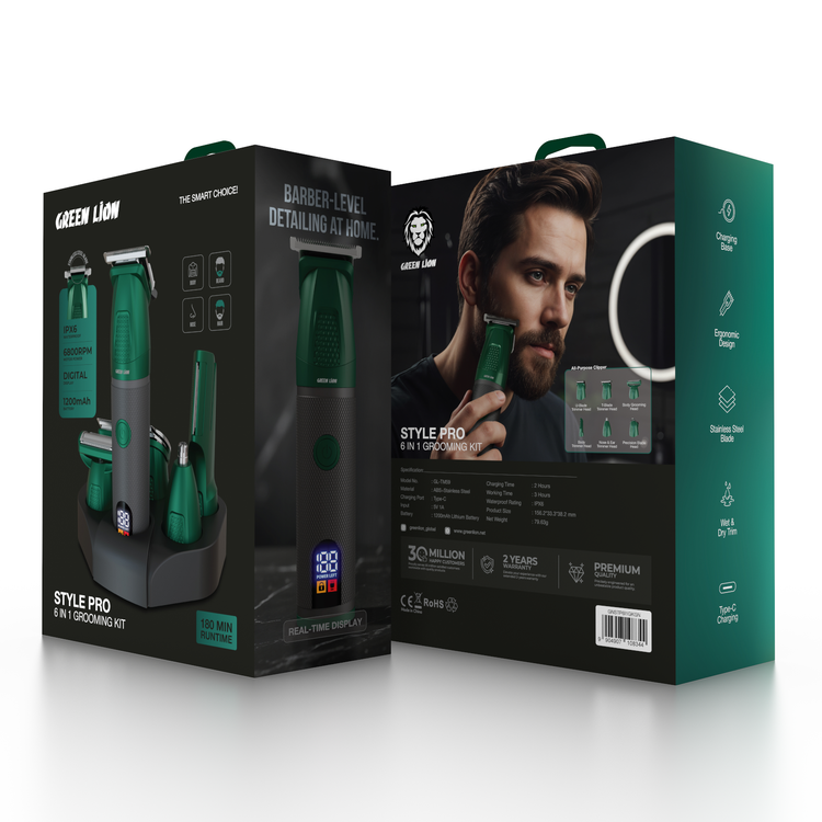 Green Lion Style Pro 6-in-1 Grooming Kit with Digital Display, Wet & Dry Trim, Charging Base, Ergonomic Design, Type-c Charging Port , Stainless Steel Blade - Green