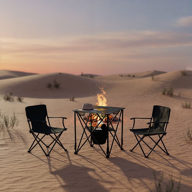 Porodo Outdoor Companion Foldable Camping Table with 4 Cup Holders & Insulated Cooler, Up to 20kg Load Capacity, PE Coated 600D Polyester Material, Stable X-Frame, Integrated Food Basket - Black