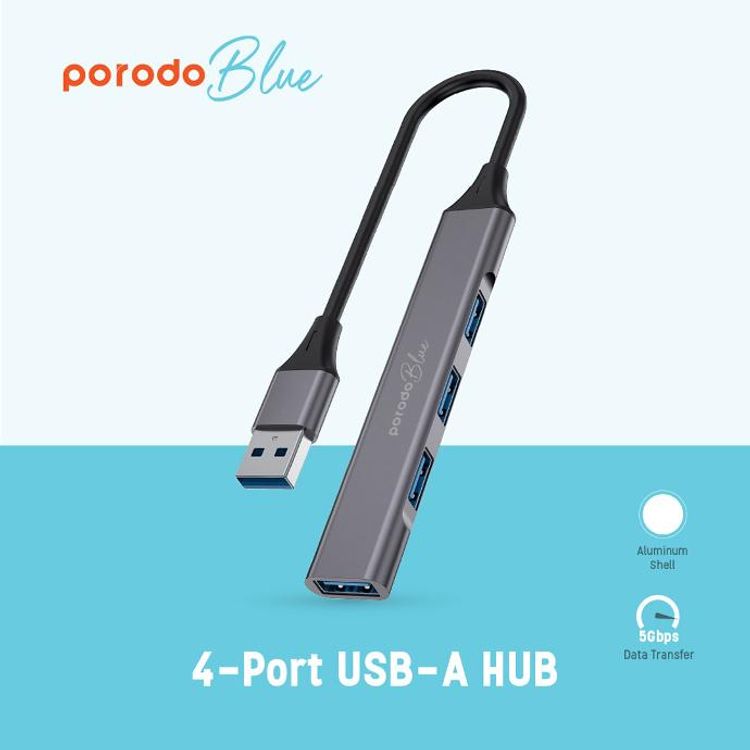 Porodo Blue 4 in1 USB-A Hub to 1 x USB-A 3.0 5Gbps and 3 x USB-A 2.0 480Mbps - Black