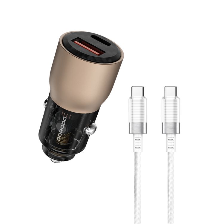 Porodo 95W Car Charger Transparent  with 90cm USB-C Cable, Simultaneous Fast Charging, Universal Compatibility - Desert Titanium