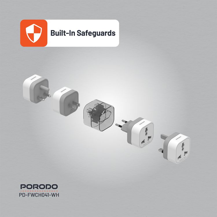 Porodo 150+ Countries Universal AC Adapters with UK, US, SA & EU Plugs, Portable & Multi-Functional Design, PC Material, 2500W High-Power Capacity, Built-in Safeguards - White