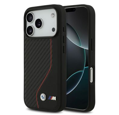 BMW PU Leather & Carbon Case with Colored Line Stitch for iPhone 17 Pro, Drop Protection, MagSafe Compatible, Sustainable Packaging, Easy Snap-On Design, Slim Profile - Black / Red