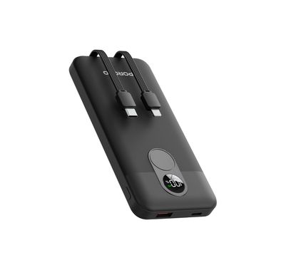 Porodo 10000mAh Power Bank with Built-in Type-C & Lightning Cables, 22.5W Power Delivery, Simultaneous Charging, 0%-60% Charge in 35 Minutes, Digital Display - Black