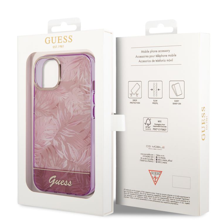 Guess PC/TPU IML Case with Double Layer Electroplated Camera Outline & Jungle Design iPhone 14 Compatibility - Pink