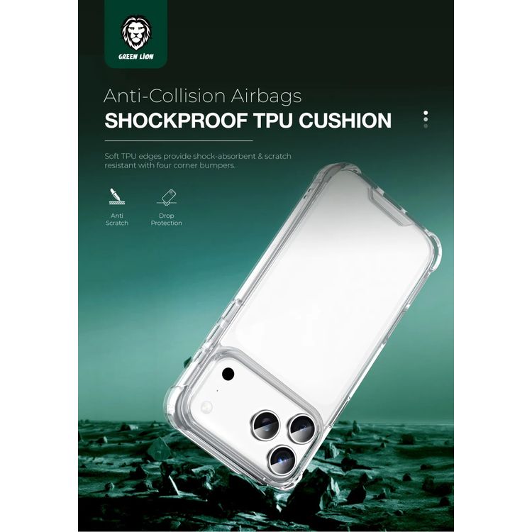 Green Lion Anti-Shock Case for iPhone 17 Pro, HD Clarity, Anti-Scratch, Air Cushion, Drop Protection, Hybrid Protection, Camera Protection, Comfortable Grip - Clear