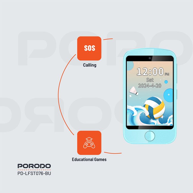 Porodo Kids 4G Smart Phone, 700mAh Battery Capacity, 24 Hours Normal Usage, 48 Hours Standby Time, SOS Calling, 2.8" Screen Size - Blue