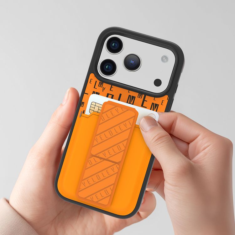 جراب Levelo Morphix GripStand مع حامل البطاقات لجهاز iPhone 17 Pro، تصميم فاخر مطبوع، ممتص للصدمات، حواف مرتفعة لحماية الكاميرا والشاشة، حامل مغناطيسي - لون برتقالي شروق الشمس.