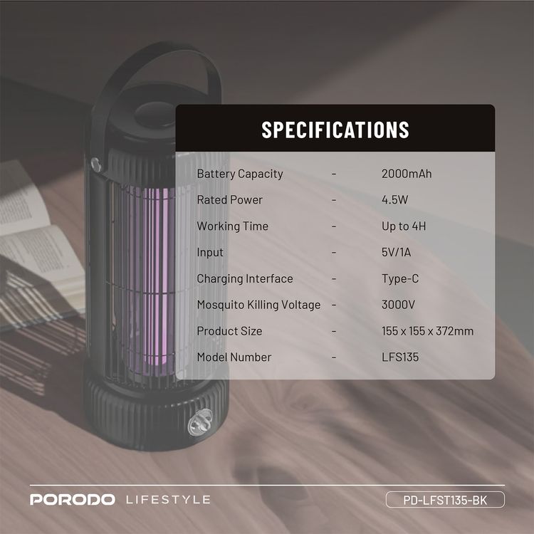 Porodo Lifestyle Portable Mosquito Zapper with Built-in UV LED Lamp, Up to 4 Hours Working Time, 2000mAh Battery Capacity, Efficient & Non-Toxic, 4.5W Rated Power - Black