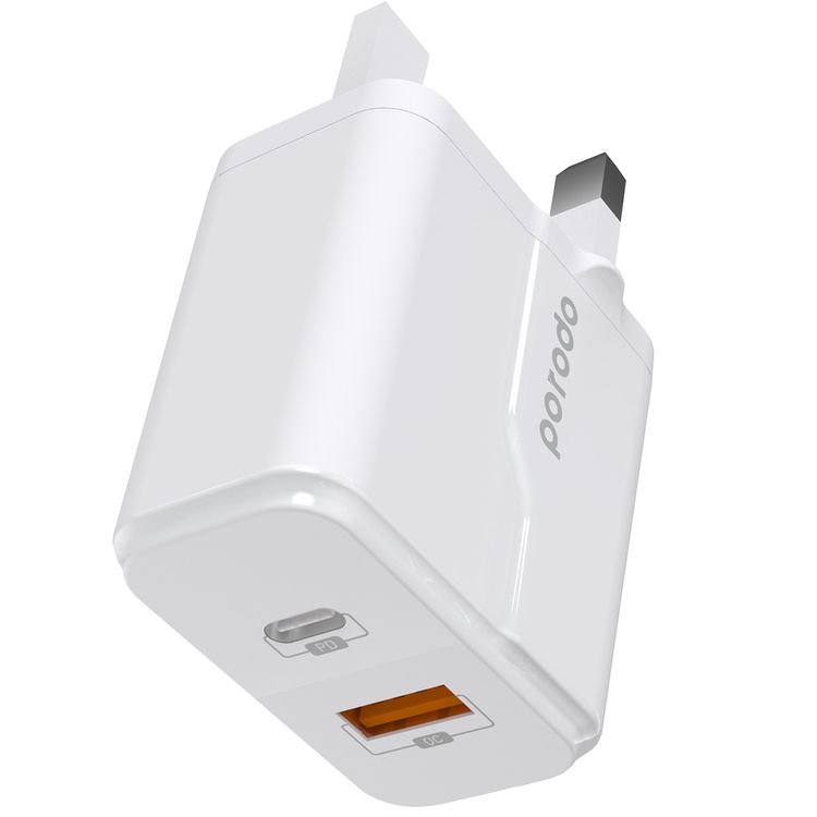 Porodo Dual Port Wall Charger with 20W Power Delivery, QC 18W, Fire Retardant Material, Overcurrent Protection, UK 3-Pin Plug, Built-in Protective Mechanisms - White