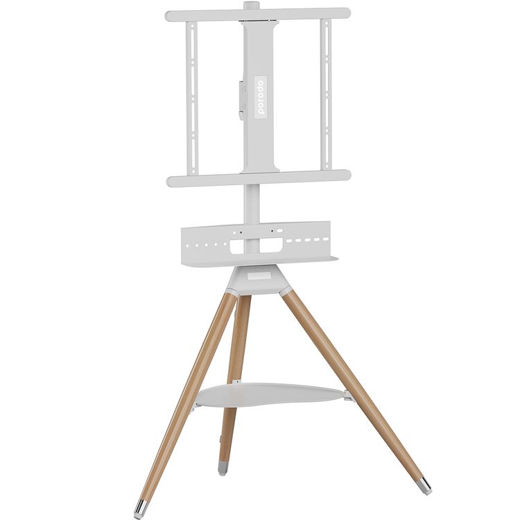 Porodo Wooden Tripod TV Stand with 35kgs Maximum Weight Capacity, 32"-65" Screen Compatibility, Media Device Storage, VESA Compatibility - White