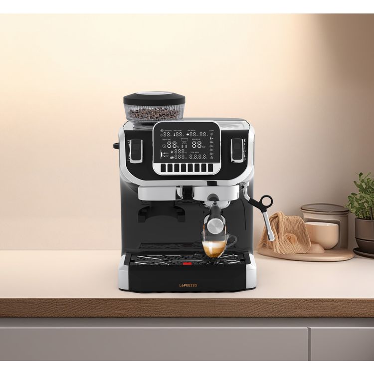 Lepresso Espresso Coffee Maker with Bean Grinder and LCD Display, Adjustable Grinder, Patented Design, Single Boiler Type - Black