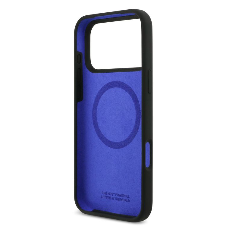 جراب BMW MagSafe سائل سيليكون مع شعار عمودي لهاتف iPhone 17 Pro Max، تصميم نحيف، حماية من السقوط، تغليف مستدام، تصميم سهل التركيب - أسود