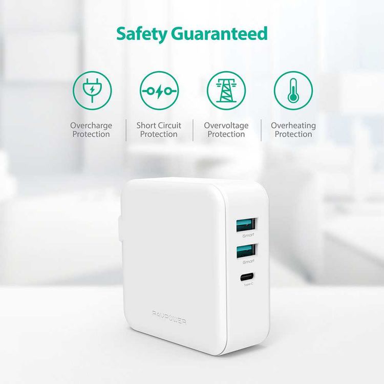 راف باور 3 منافذ يو اس بي بي دي شاحن جداري 65 وات + شحن سريع 3.0  المملكة المتحدة ، محول شحن سريع متعدد المنافذ ، شحن ونقل بيانات ، حماية من التسخين الزائد - أبيض