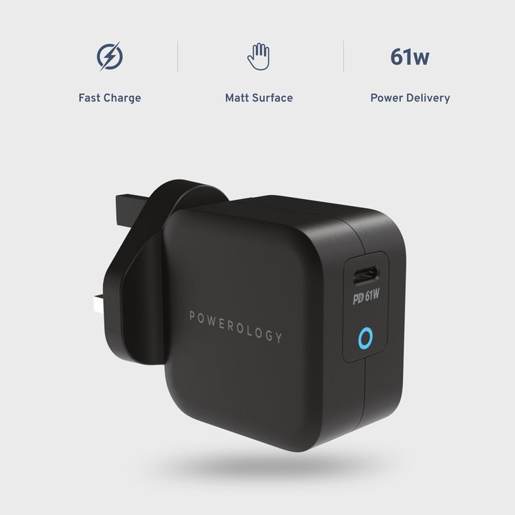 Powerology Ultra-Compact PD Charger with USB-C to USB-C Cable, 61W Power Delivery, 100% Charge in 2 Hours, UK 3-Pin Plug, Built-in Safeguards, Advanced GaN Technology - Black