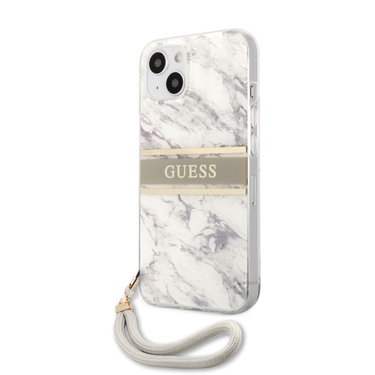 CG MOBILE Guess PC/TPU Case Marble Design & Stripe with Anti-Lost Nylon Strap for iPhone 13 (6.1") Shock Absorption & Drop Protection Suitable with Wireless Chargers Officially Licensed Gray