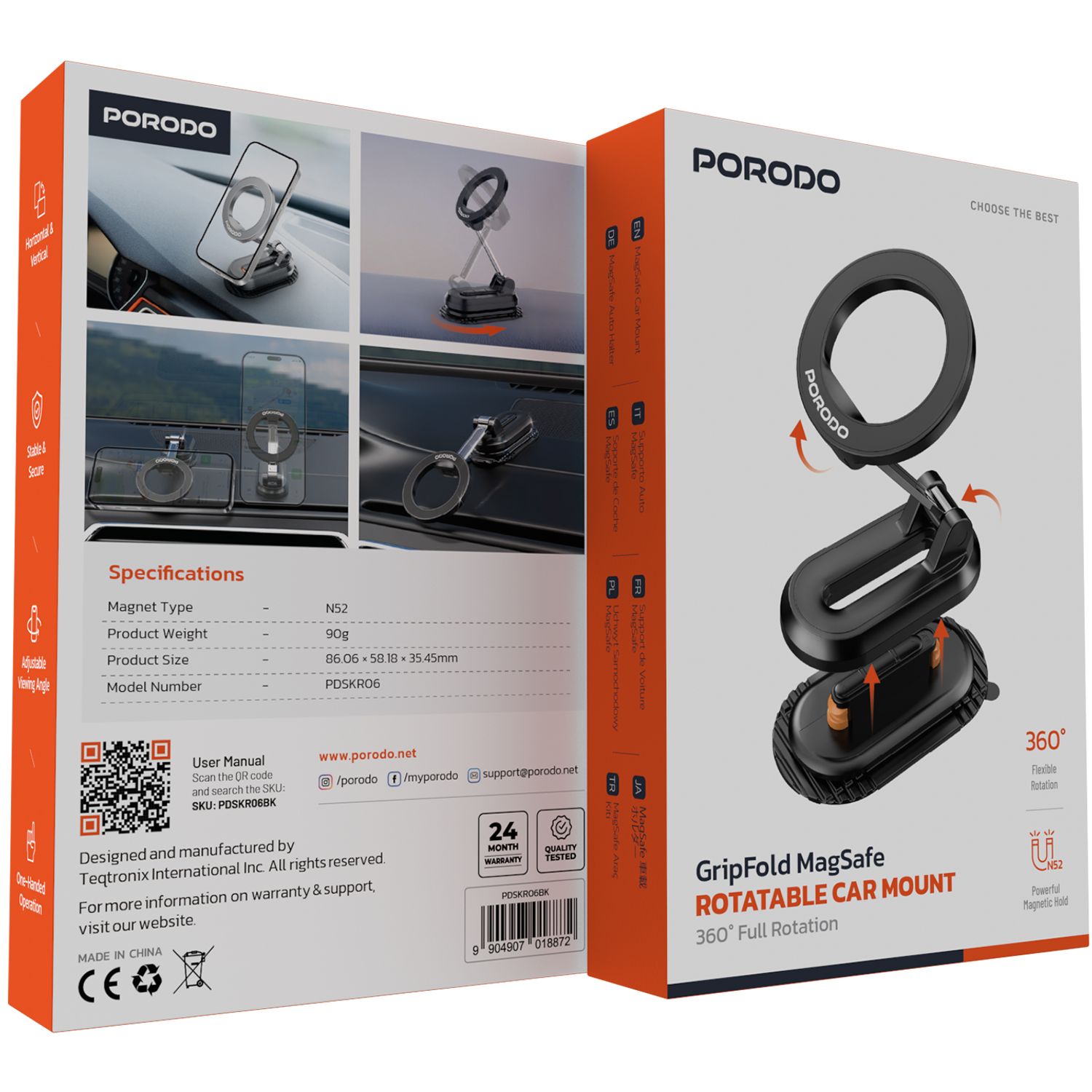 Porodo GripFold MagSafe Rotatable Car Mount with 360° Full Rotation, Horizontal & Vertical Viewing, N52 Powerful Magnetic Hold, One-Handed Operation, Lightweight & Compact Design - Black