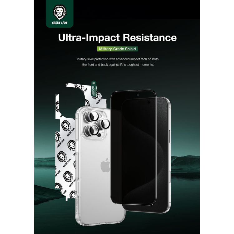 حزمة حماية الخصوصية 4 في 1 من جرين لايون لأيفون 16 برو ماكس، حماية زجاجية ممتصة للصدمات والخصوصية، غطاء مقاوم للصدمات، فيلم عدسة الكاميرا، مقاومة عالية للصدمات - شفاف