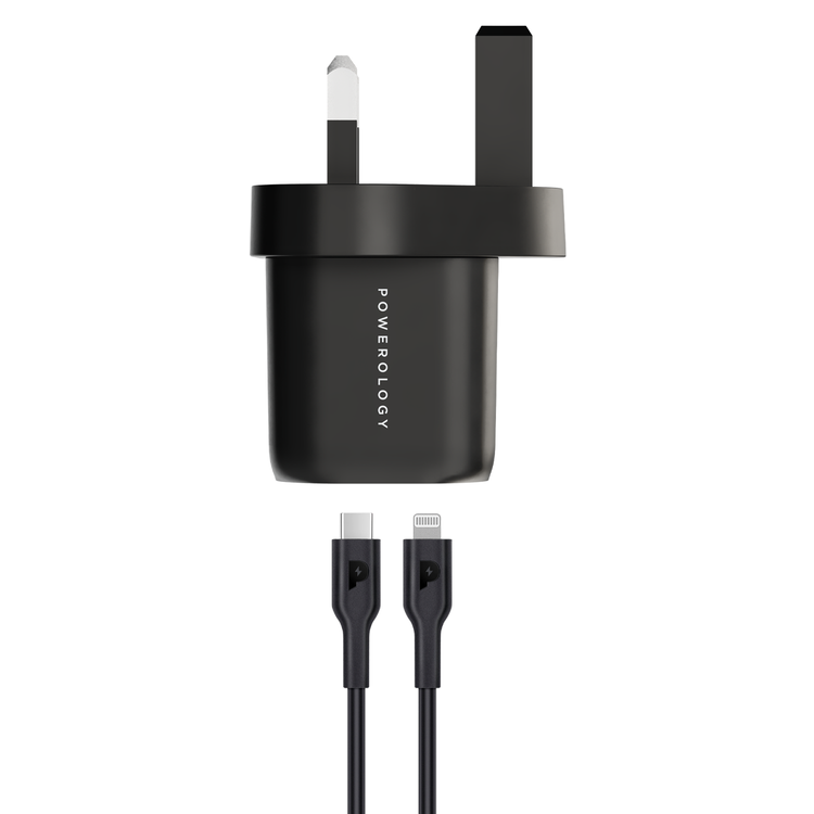 Powerology 33W GaN PD Charger With 1.2m/3.9ft USB-C To USB-C  Cable - Black