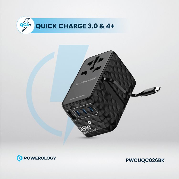 Powerology Universal 85W Super Charger with Retractable Type-C Cable, 70W Power Delivery, GaN Technology, Simultaneous Charging, Spare Fuse Included - Black