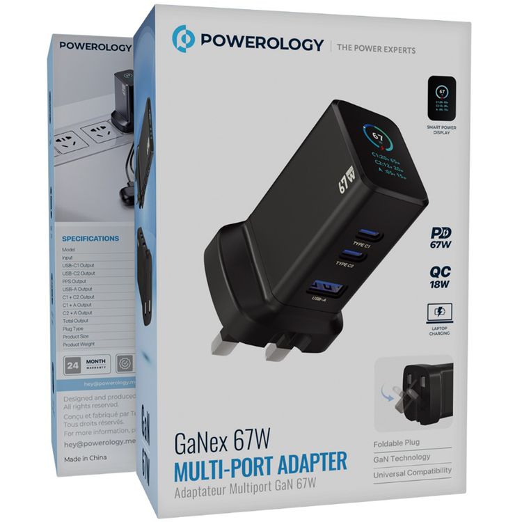 Powerology GaNex Multiple Ports Adapter with Foldable UK 3-Pin Plug, PD 67W, QC 18W, Laptop Charging, Smart Power Display, USB-A & USB-C Ports, Universal Compatibility - Black