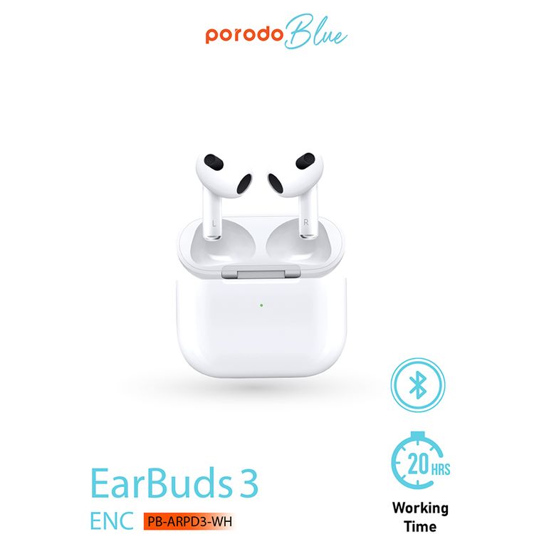 Porodo Blue Deep Bass Wireless Earbuds 3, 20 Hours Working Time, Type-C Charging Port, Environmental Noise Cancellation, Independent Earbuds, Touch Control - White