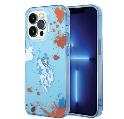 USPA PC/TPU Case with Splatter Pattern & Horse Logo iPhone 14 Pro Compatibility - Blue