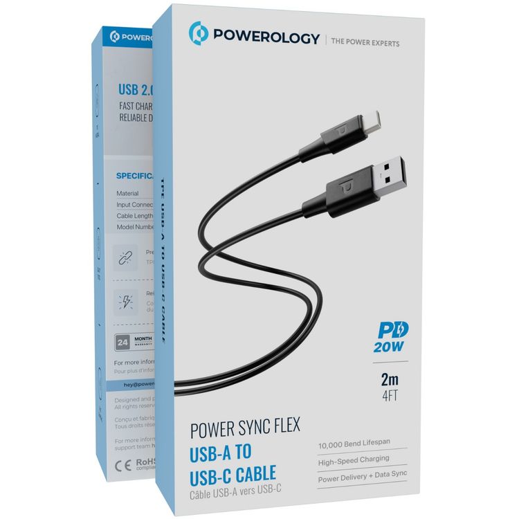 Powerology Power Sync Flex USB-A to USB-C Cable with 2m Length, 10000 Bends Lifespan, Fast Charge & Data Transfer, Molded TPE Material, 480Mbps Data Transfer Speed, 20W Power Delivery - Black