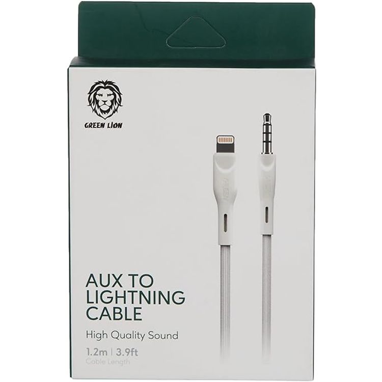 كيبل Green Lion Lightning إلى AUX 3.5 ملم بطول 1.2 متر، قابل للتوصيل والتشغيل، مرن ومضفر، إشارة صوتية بدون فقدان، مصنوع من الألومنيوم المضفر وPVC - باللون الأبيض