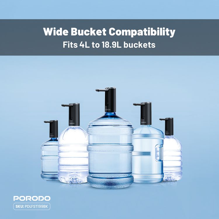 Porodo Lifestyle Foldable Electric Water Pump with 1200mAh Battery Capacity, 6000RPM Motor Speed, 4W Rated Power, 4-18.9L Bucket Capcacity, Quantative Pumping, Rechargeable Battery, Digital Display, Compact & Portable - Black