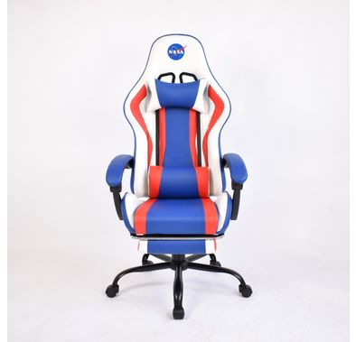 NASA Discovery Gaming Chair, Faux Leather, Height Adjustable, High Density Foam, Recline Mechanism - White/Blue/Red